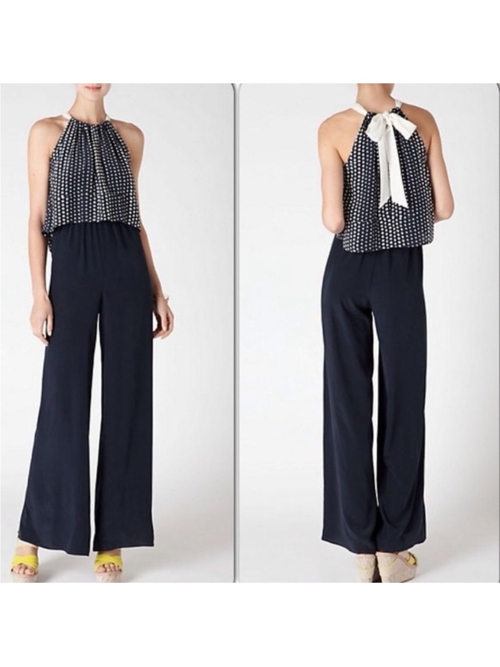 Anthropologie Laureate Lane jumpsuit Dot Halter Navy Wide-Leg Bow Size L Silk